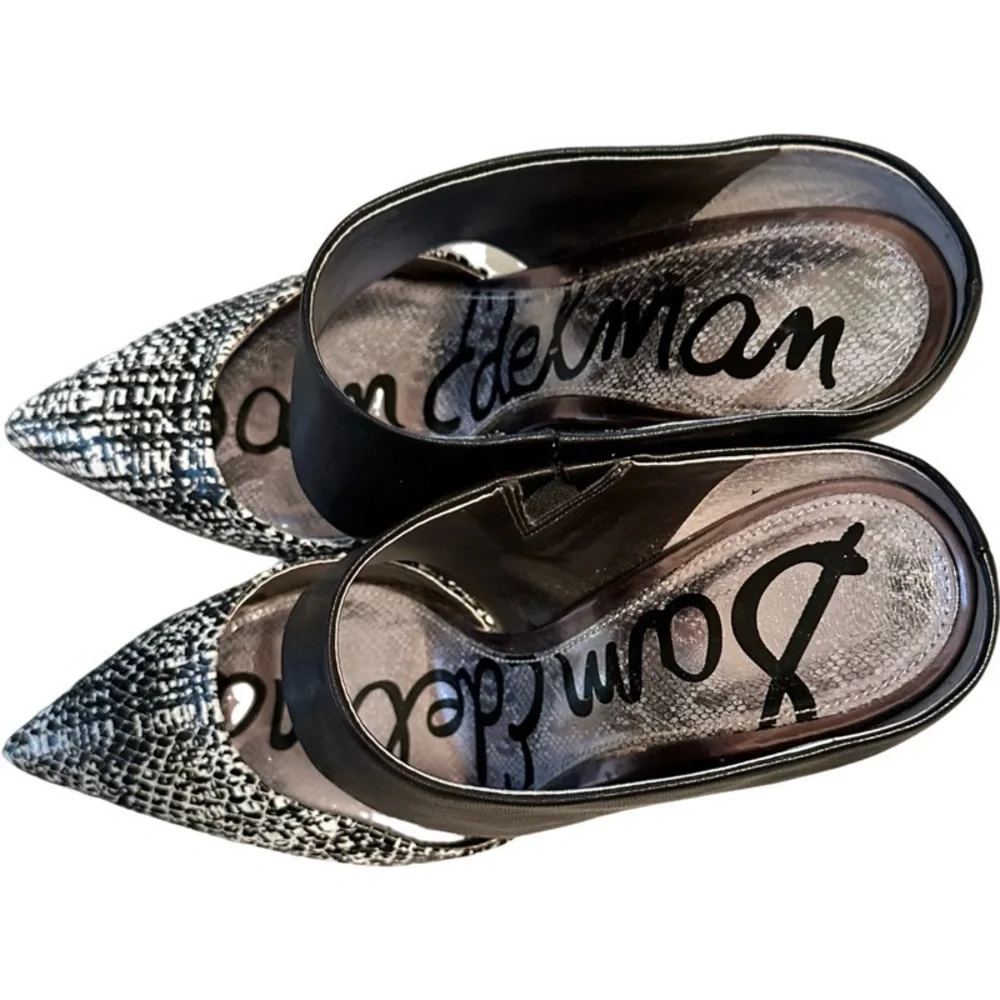 Sam Edelman Monroe Black Cream Leather Pointed Toe Stiletto Heel Mules Shoes - Picture 11 of 12